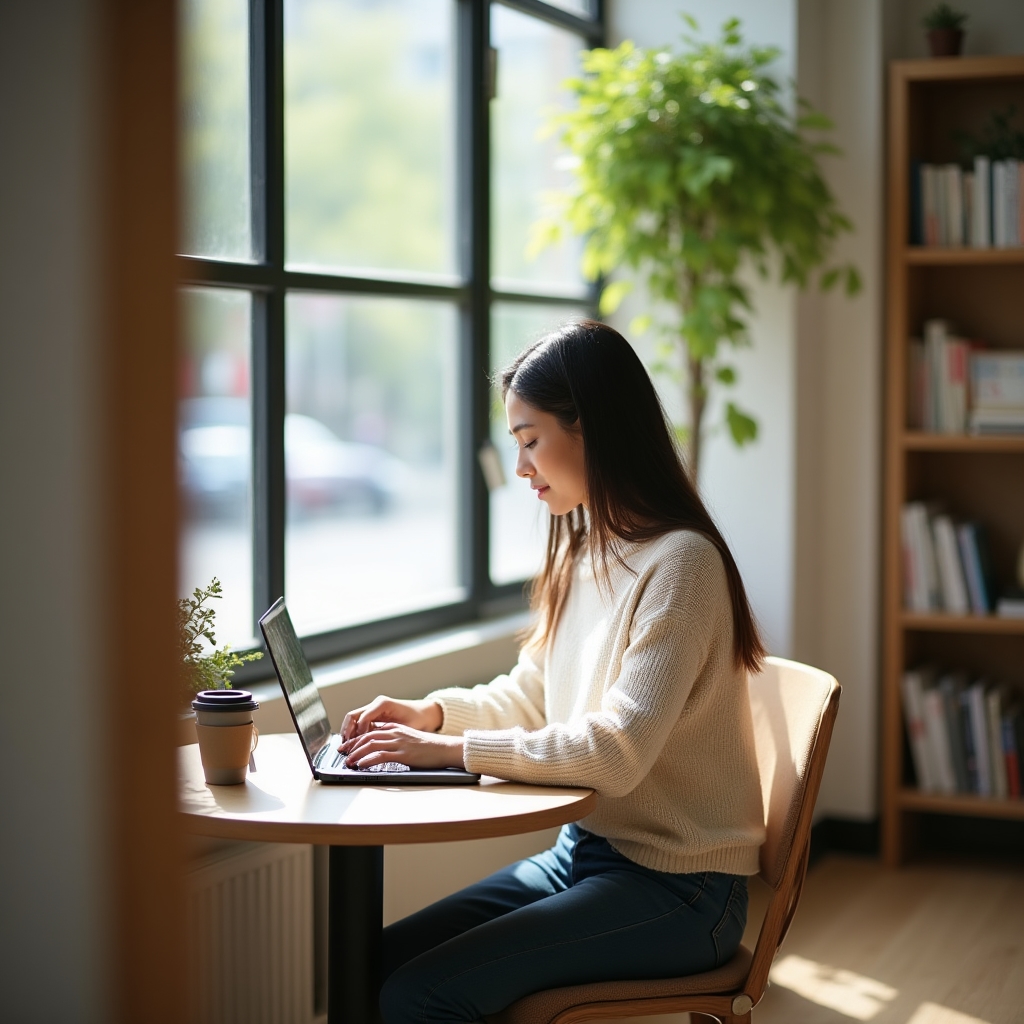 Freelancer trabajando de forma independiente con pase diario en un coworking luminoso