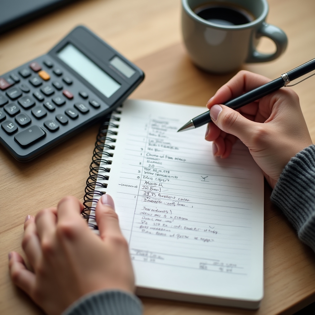Persona calculando presupuesto para oficina compartida con calculadora y notas en papel